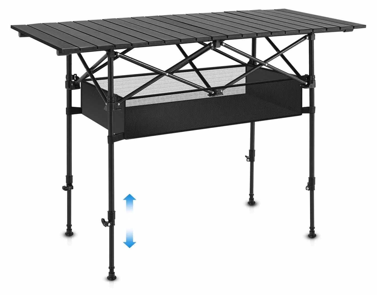 Tavolo da campeggio - Tavolo da esterno pieghevole in alluminio - 120 cm - Regolabile - Per 4 persone - Rettangolare - Con vano portaoggetti e borsa per il trasporto - Nero