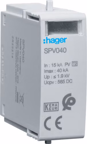 Modulo scaricatore di sovratensione SPD T2 MOV 1P per impianti fotovoltaici, In=15 kA, Imax=40 kA, Up≤1,9 kV, Uc=585 V CC, SPV040 Hager
