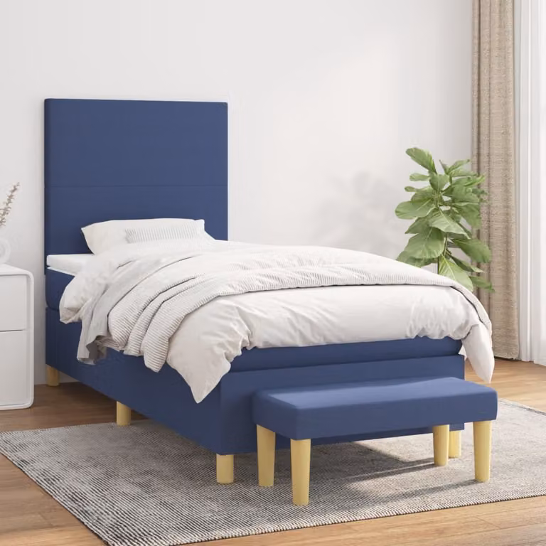 The Living Store Letto a molle con materasso blu 100x200 cm in tessuto