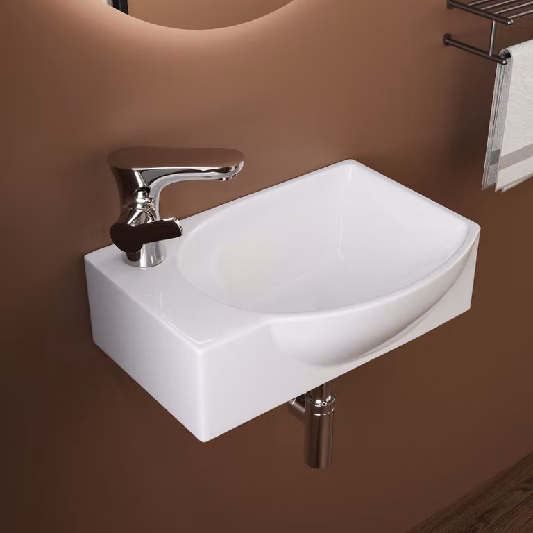 DeerValley lavabo piccolo bianco - Mini lavabo a parete in Vetroceramica 305×240 mm con maggiore spazio utilizzabile, lavabo a destra e foro per rubinetto a sinistra
