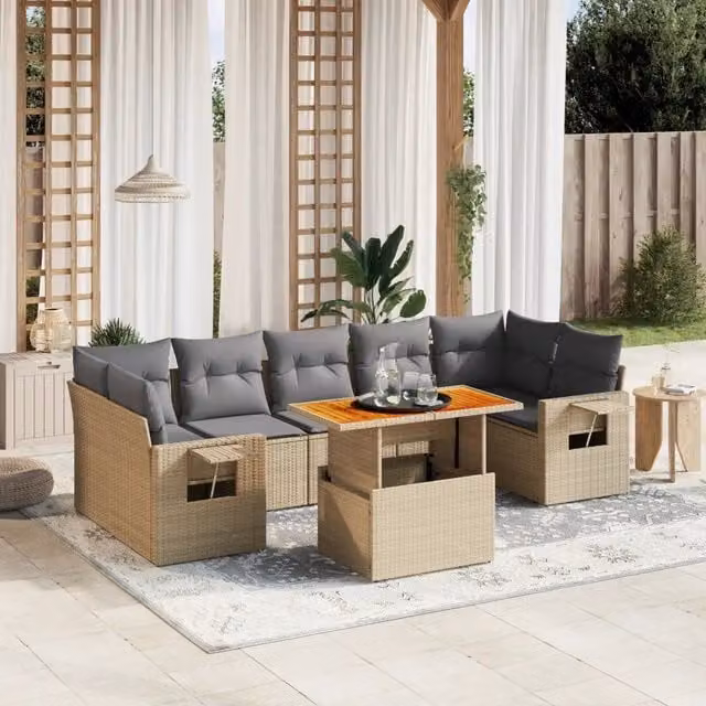 Set Divano da Giardino VIDAXL 8 pz in Polyrattan con Cuscini Beige e Grigio e Tavolino – 1