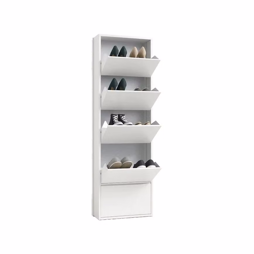 Scarpiera moderna Aspro DMORA in metallo e MDF bianco con 5 ante a ribalta per ingresso, L: 50 cm, P: 15 cm, H: 169 cm – 2