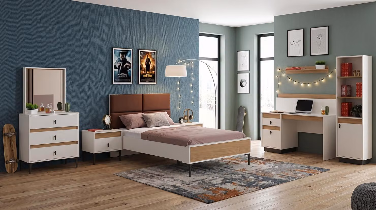 Camera da letto per adolescenti, stile moderno: letto, comodino, cassettiera, scrivania, libreria