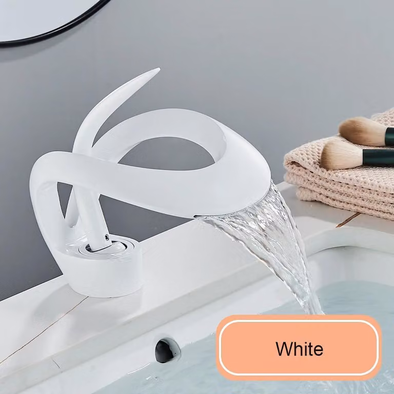 Miscelatore monocomando per lavabo a cascata, in ottone, con controllo separato dell'acqua calda e fredda, da montare su un foro, colore bianco