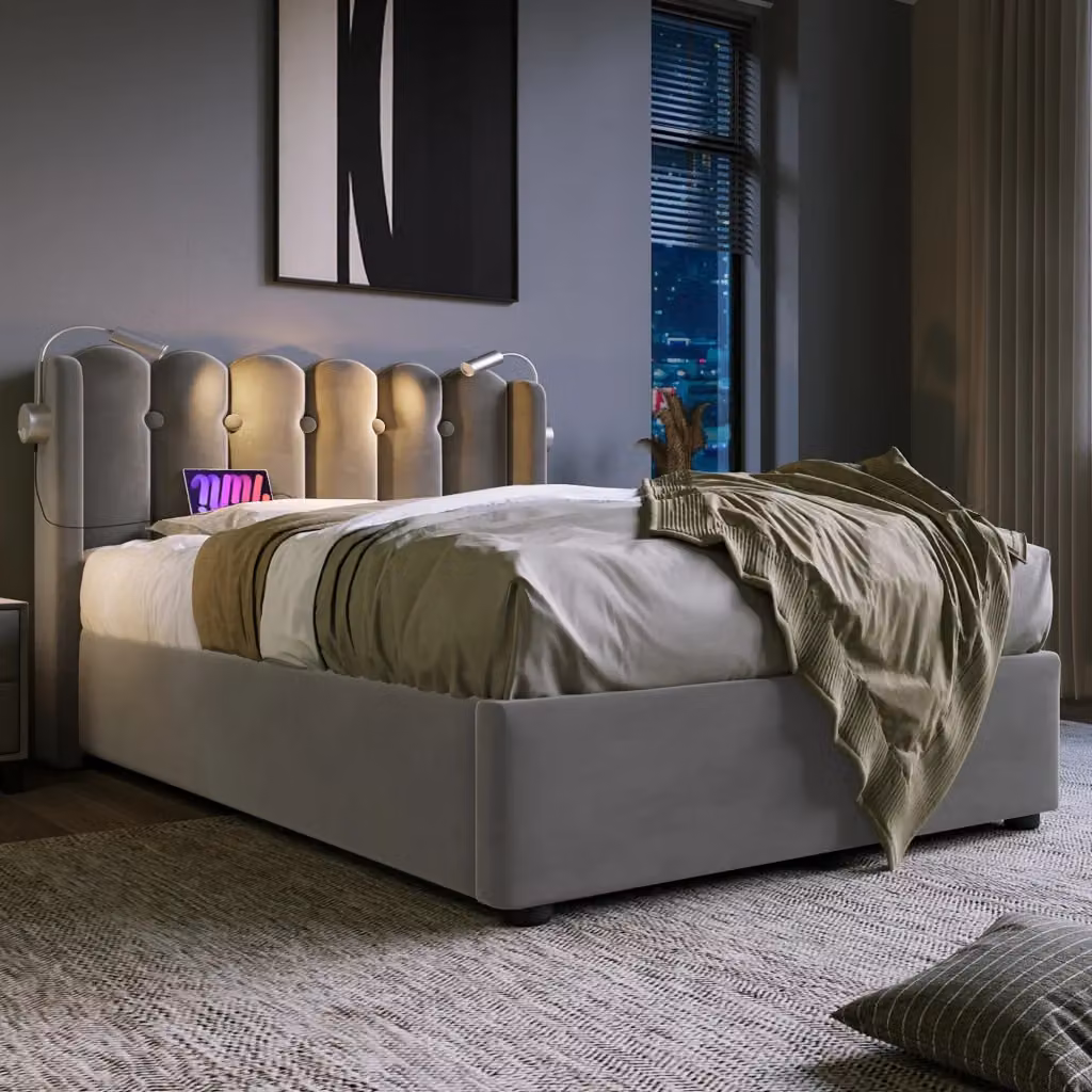 Letto Contenitore REDOM in Velluto Grigio con Materasso Ibrido incluso, L/P/H: 90 x 200 x 103 cm – 2