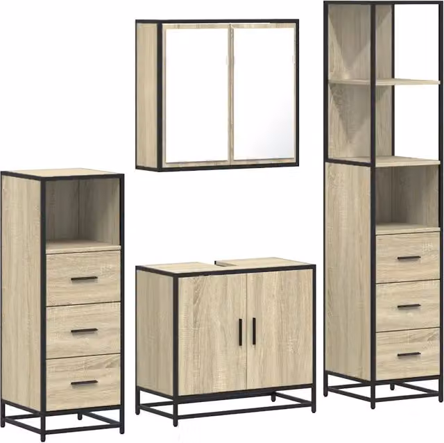 Set Mobili da Bagno 4 Pezzi in Legno e MDF Stile Industrial, Colore Marrone e Beige, con Armadietto Specchio, Mobile Lavabo, Mobile Laterale e Colonna Alta