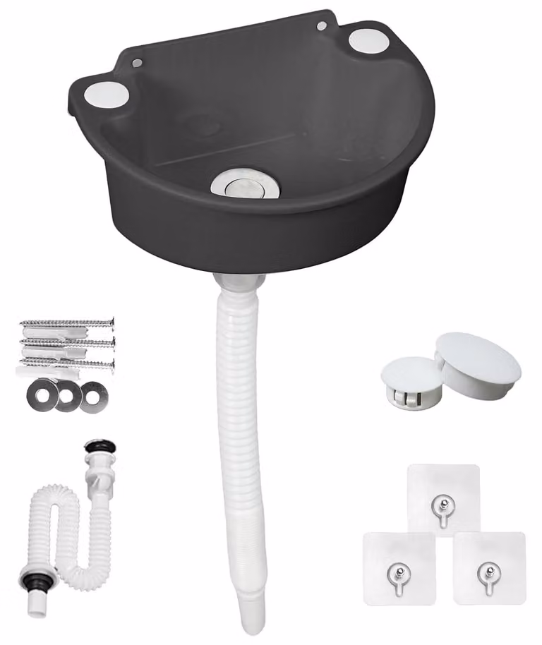 Omgoods - Lavello da campeggio da 7 litri - Lavello in plastica - Tappo per scarico - Montaggio con strisce adesive/viti - Ideale per camper/giardino - Lavello