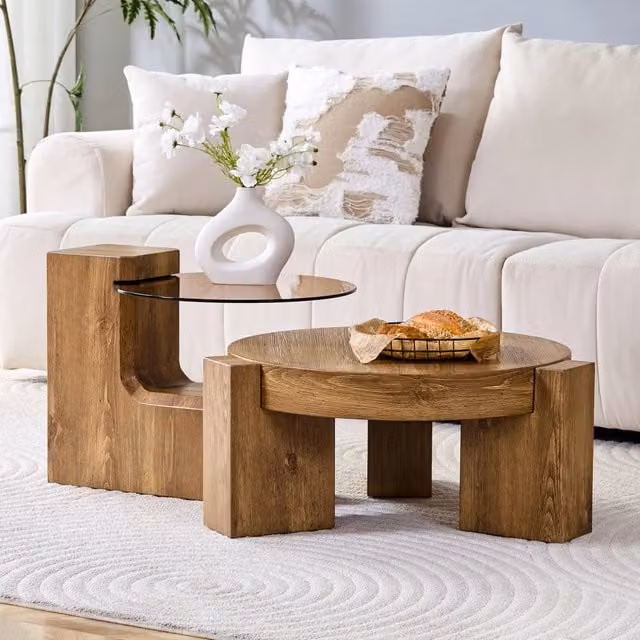 [Set di tavolini da caff¨¨ componibili] MDF effetto legno + vetro di sicurezza marrone da 0,6 cm ¨C combinati come tavolino da caff¨¨ / separati come due