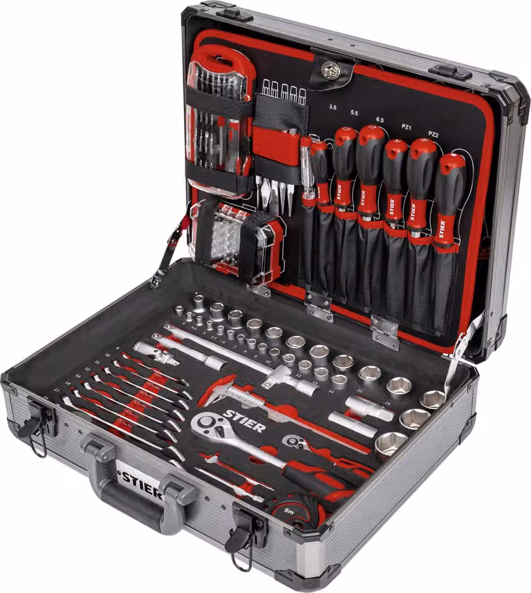 Assortimento di utensili universali STIER in valigetta di alluminio, 144 pezzi, valigetta degli attrezzi completa, set di utensili, 4 scomparti con cacciaviti, forbici, pinze, seghetto e molto altro ancora.