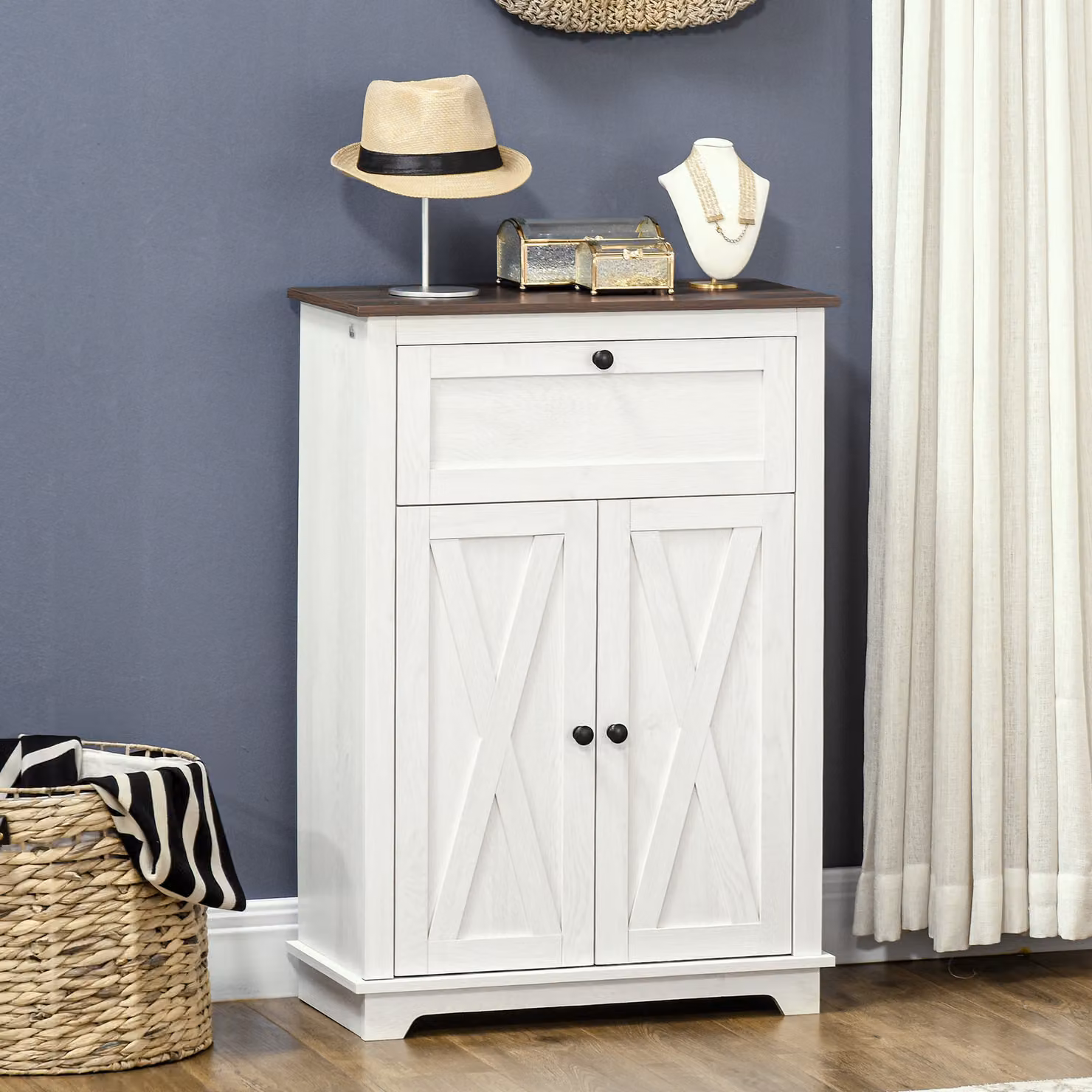 Credenza bassa da cucina HOMCOM in stile rustico con cassetto e armadietto con ripiano regolabile, bianco – 2