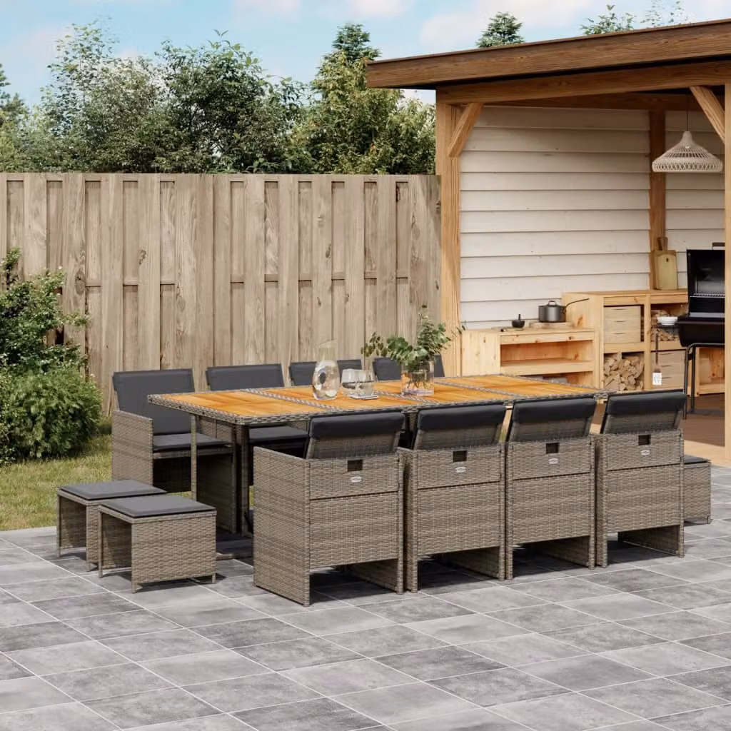 vidaXL Set da Pranzo da Giardino in Polyrattan e Legno di Acacia con Cuscini, 13 Pezzi, Grigio e Marrone – 1