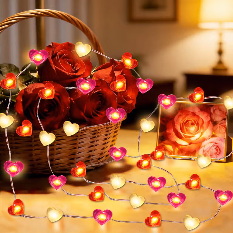 Catena luminosa a LED a forma di cuore, lunghezza 3 metri, alimentata a batteria, con 20 LED rossi