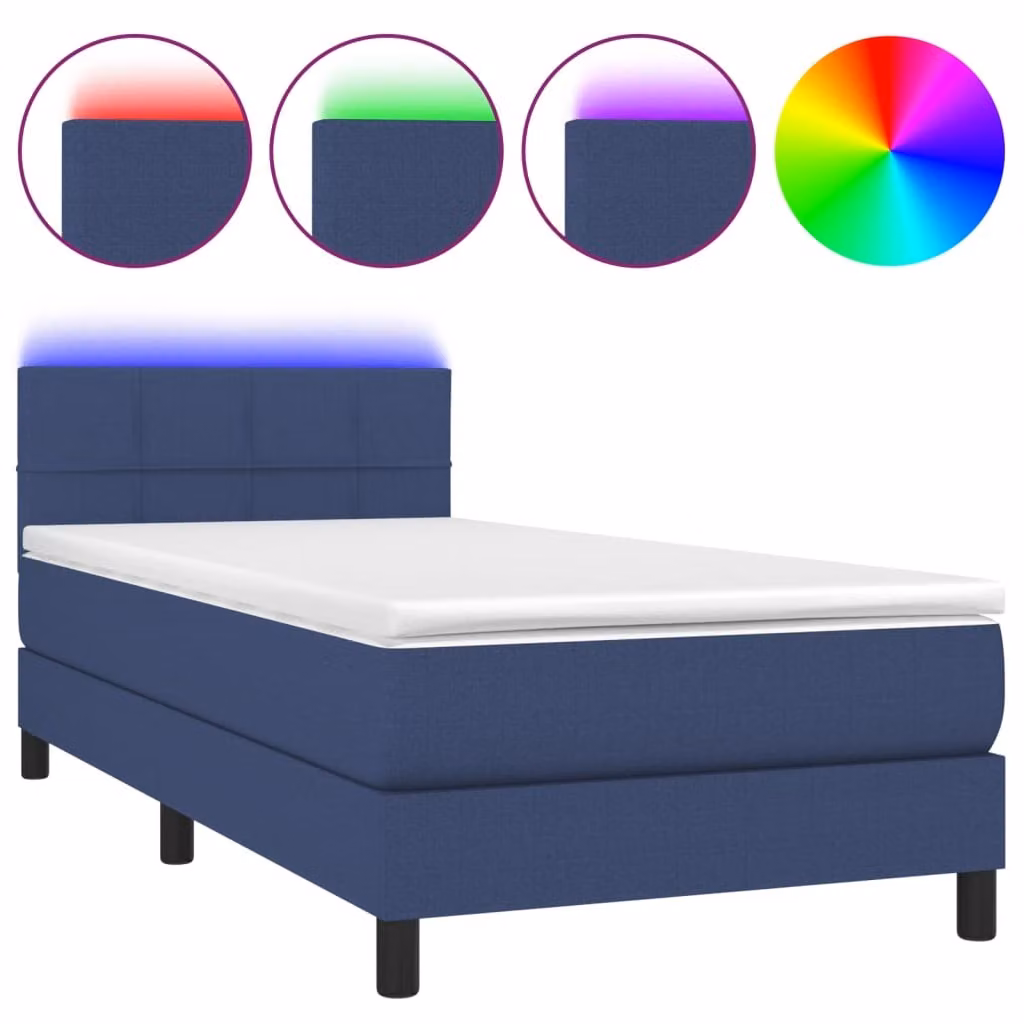 Letto a Molle con Materasso e LED Blu 90x200 cm in Tessuto