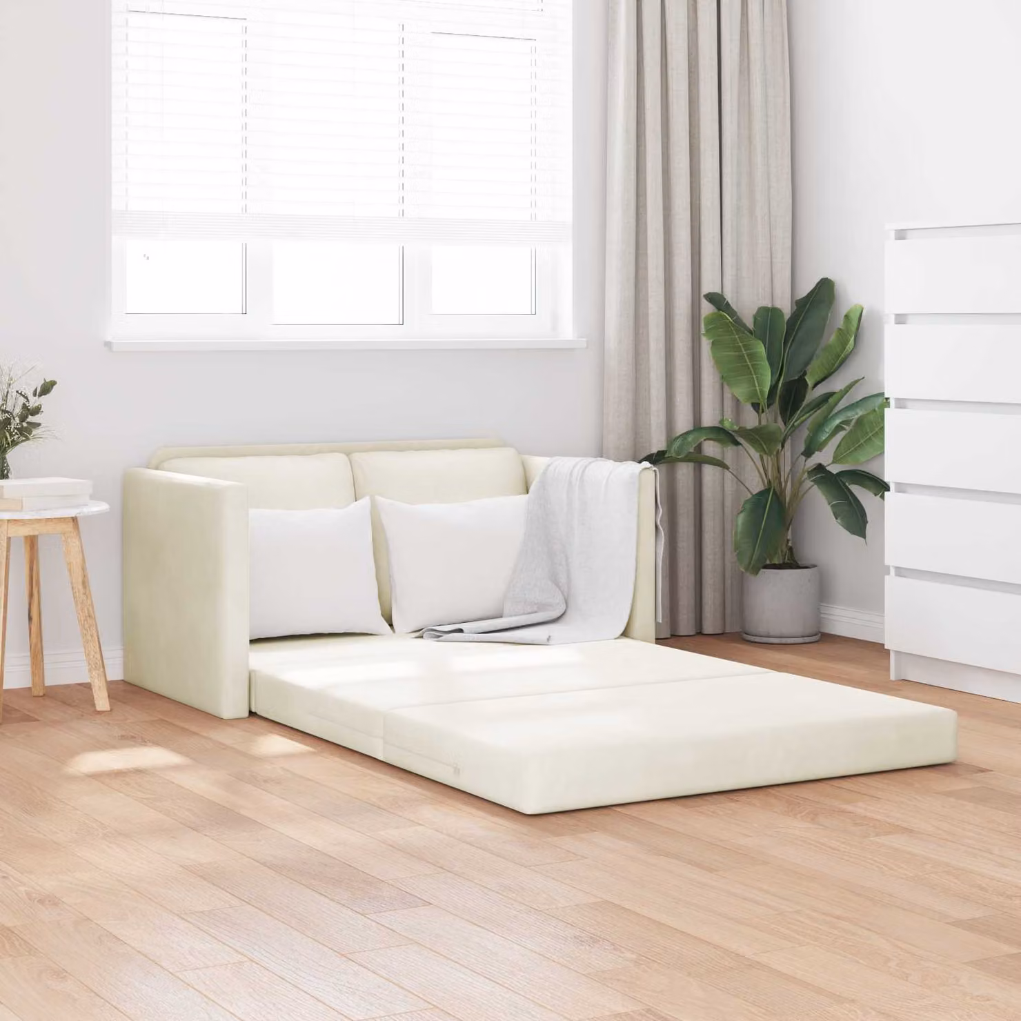 Divano letto vidaXL in velluto beige con funzione letto, L: 204 cm, P: 122 cm, H: 60 cm