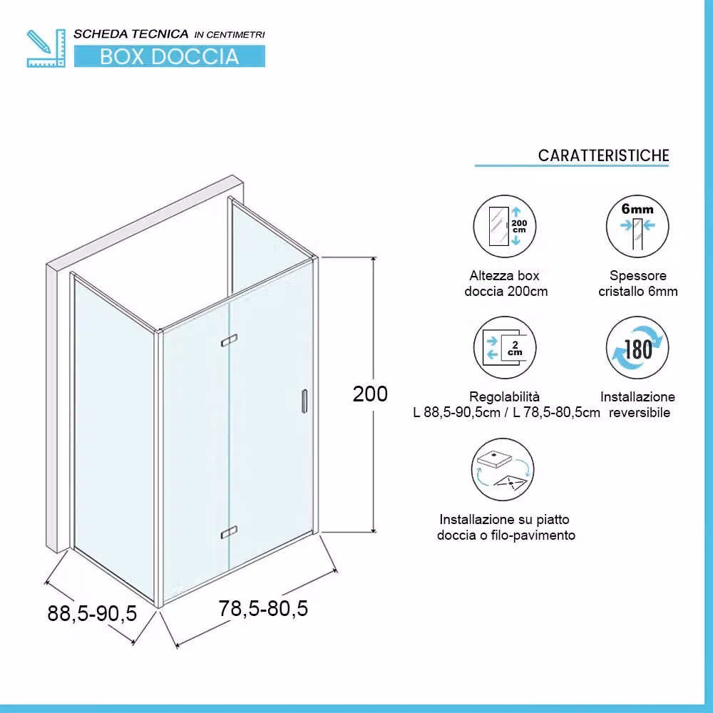 Box doccia Ted a forma U con doppia porta scorrevole e soffietto in vetro trasparente, L: 90 cm, P: 80 cm, H: 200 cm – 2