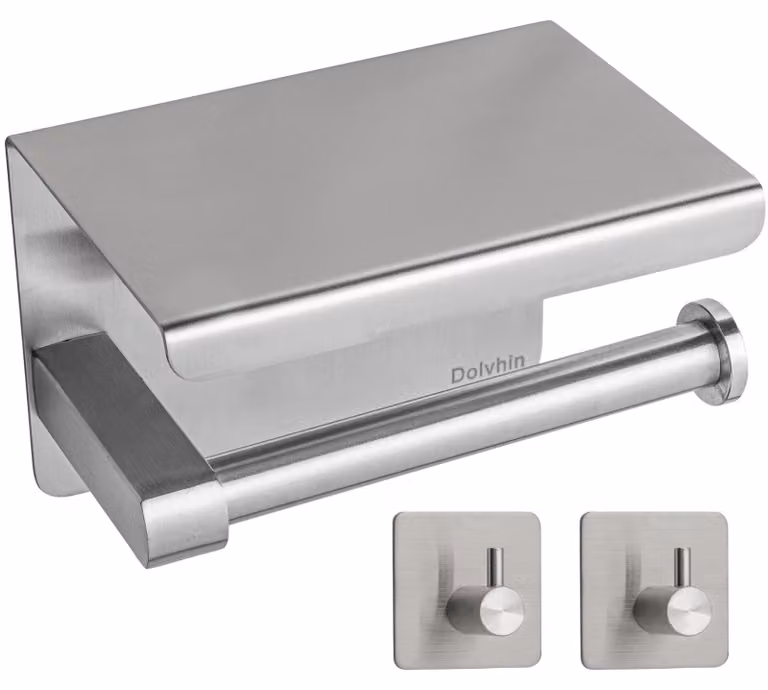 Portarotolo da bagno con ripiano - Autoadesivo - Acciaio inox - Argento spazzolato - Set con 2 ganci per asciugamani
