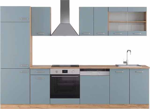Cucina componibile moderna R-Line Vicco, Grigio-blu e Rovere, L: 300 cm