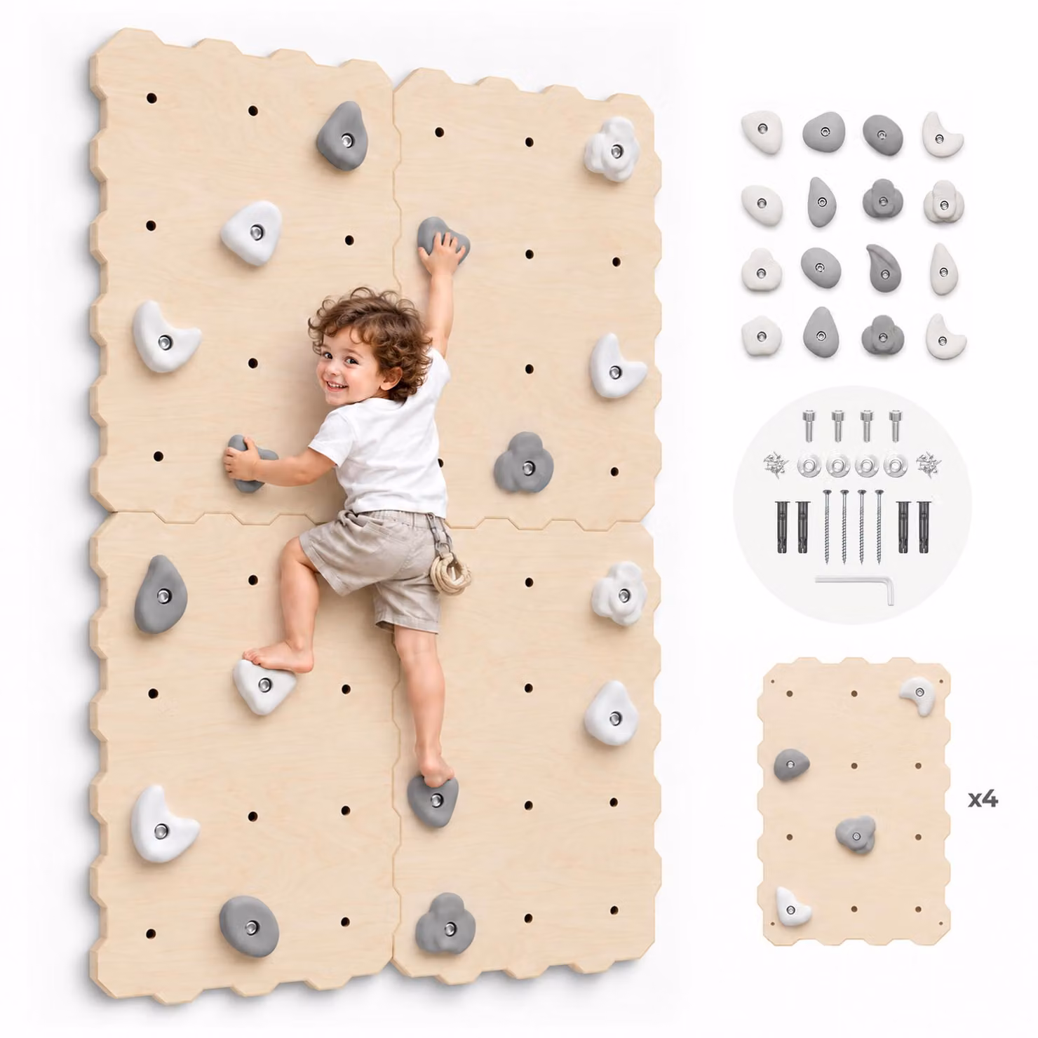 Parete da arrampicata per bambini per uso interno con appigli, parete da arrampicata ecosostenibile per bambini in legno naturale, 100% ecologica,  EU