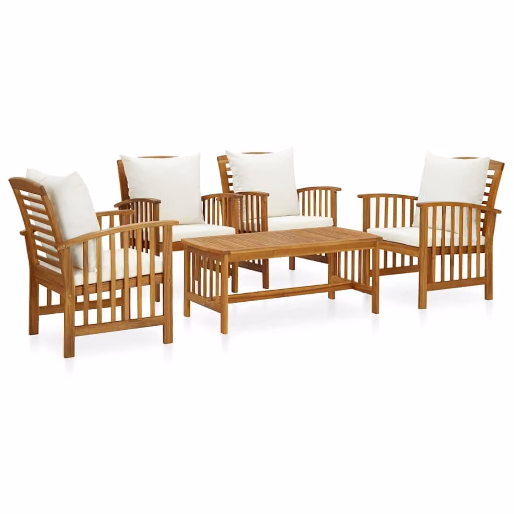 Set da giardino moderno vidaXL composto da 5 pezzi in legno massello di acacia con cuscini bianchi e marroni