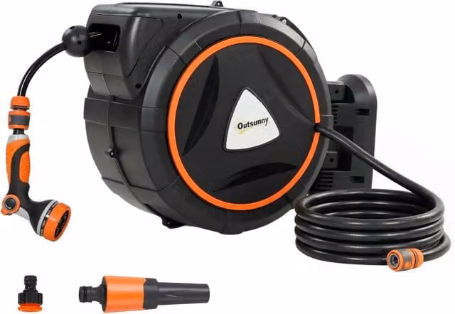 Carrozzina per irrigazione da giardino Zephmum arancione e nera con tubo retrattile da 23+2 m, 12 modalità di spruzzo e blocco automatico a parete – 1
