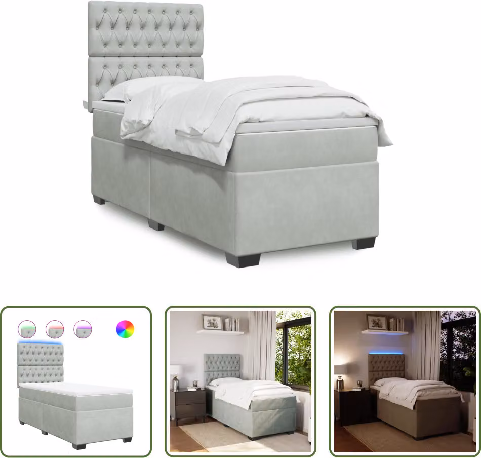 The Living Store Letto a molle con materasso grigio chiaro 90x190 cm in velluto