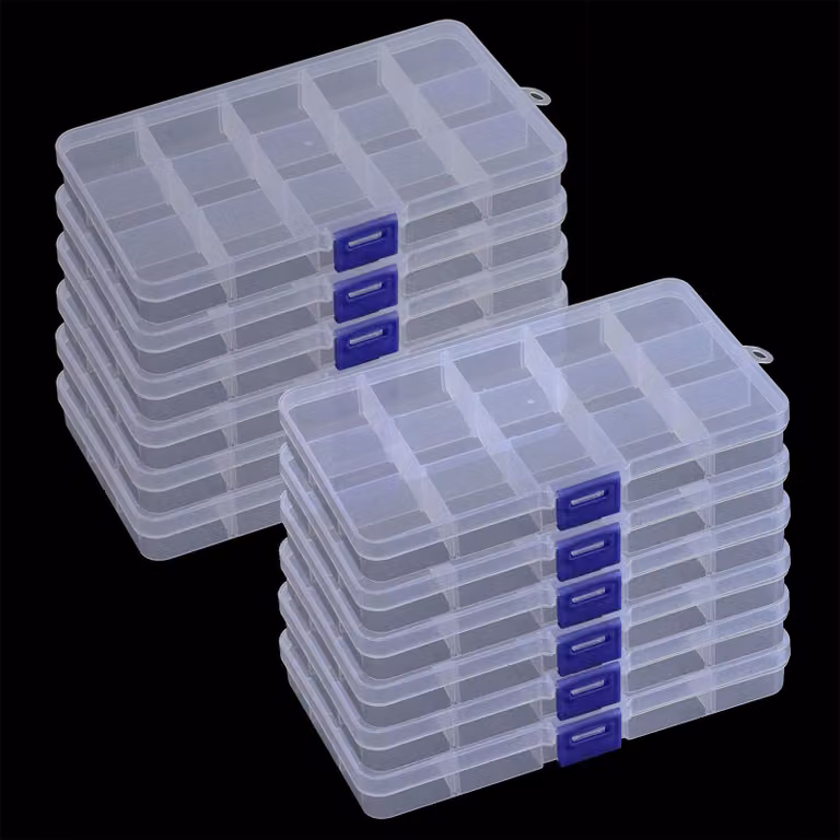 12 contenitori portaoggetti con 15 scomparti, in plastica, dimensioni 17,3 x 9,8 x 2,3 cm