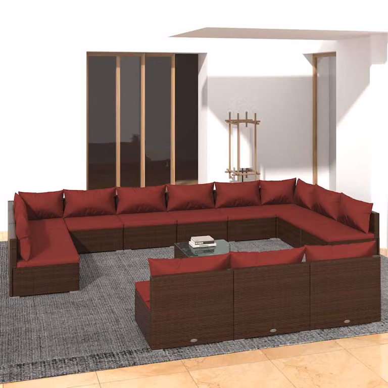 Set di divani da giardino vidaXL 14 pezzi con cuscini e tavolino da caffè in rattan marrone e struttura in acciaio con coperture rimovibili