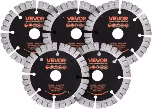 Set di 5 dischi diamantati VEVOR da 125 mm con foro da 20 mm, lame per scanalatrice in acciaio 65Mn per taglio a secco e a umido di calcestruzzo e cemento, colore rosso e argento