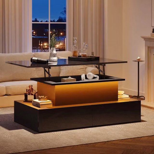 Tavolino da salotto e caff¨¨ moderno con LED e 4 cassetti ¨C MINIMAL ¨C nero lucido, 90x55x41 cm