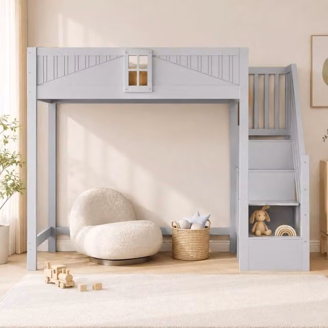 Letto a soppalco ULEVR 90x200 cm grigio con scala reversibile, ripiano laterale e finestra di sicurezza