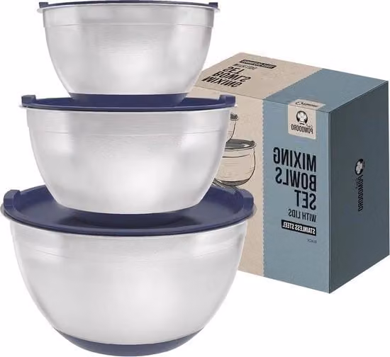 Set di 3 contenitori Chef Pomodoro in acciaio inossidabile blu marino con base antiscivolo in silicone, impilabili e lavabili in lavastoviglie, capacità 14 l, 28 l e 47 l