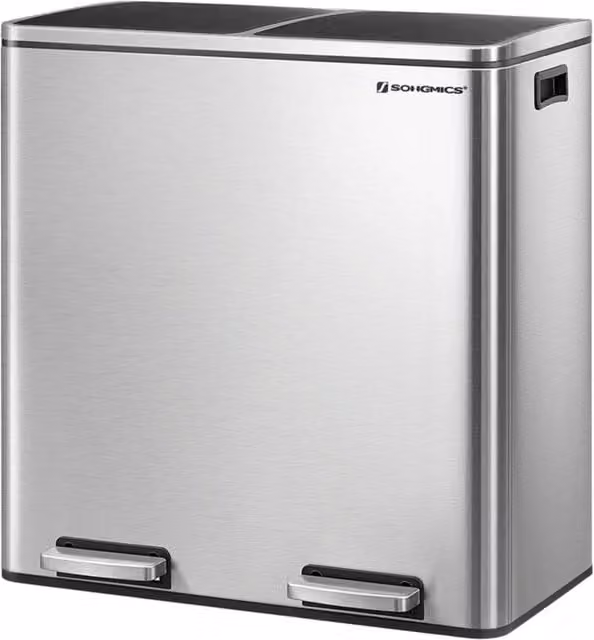 Pattumiera a doppio scomparto Songmics con doppio pedale in acciaio inox anti-impronta e secchi interni rimovibili, colore argento e nero, 2 x 30 litri – 1