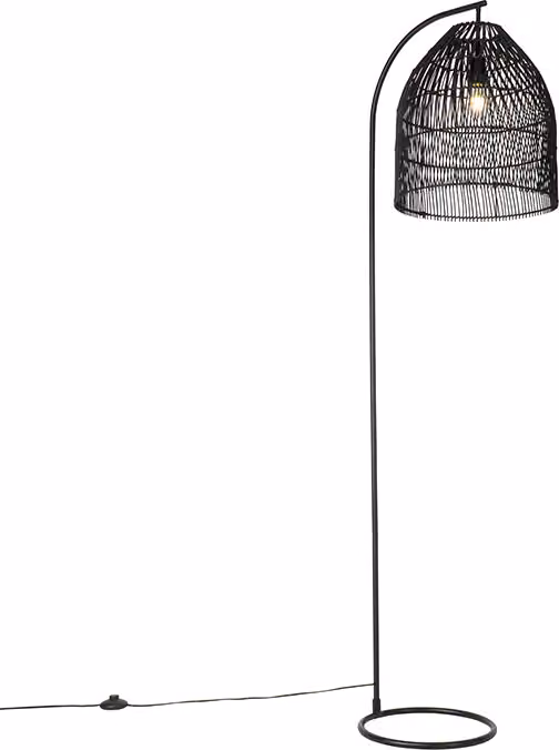 Lampada da terra in stile rustico, nera con rattan e tessuto Sam
