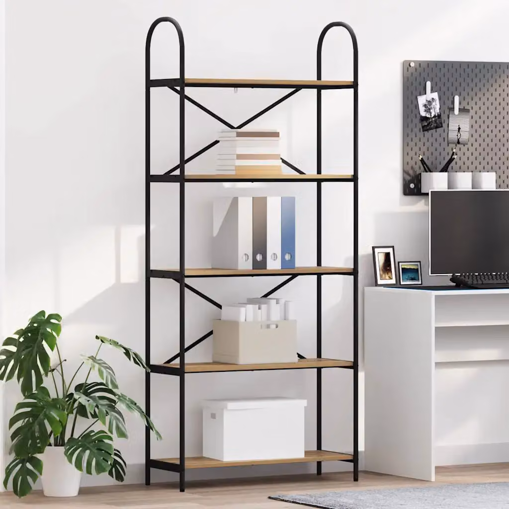 Libreria moderna vidaXL a 5 livelli in legno e metallo, colore marrone e nero, L 80 cm x P 30 cm x H 183 cm