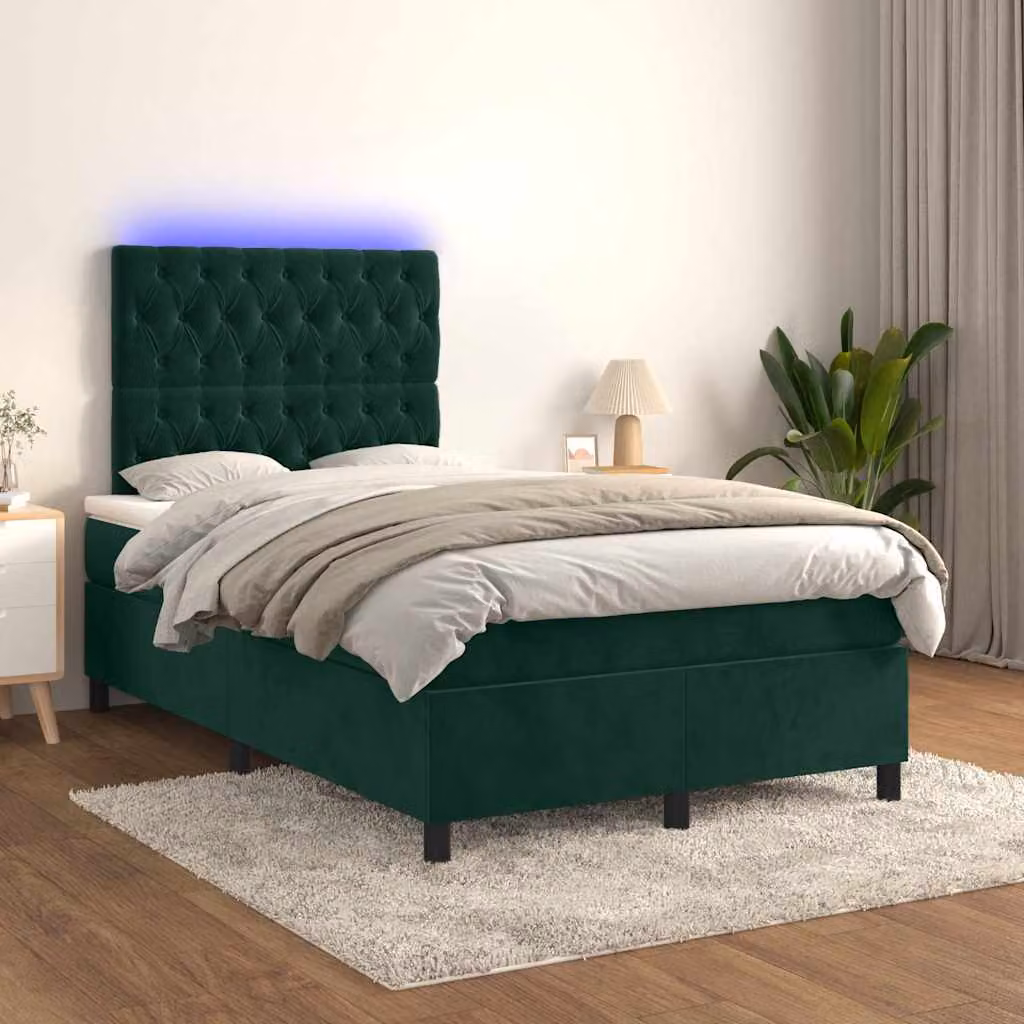 Letto a Molle con Materasso e LED vidaXL in Velluto Verde Scuro L: 120 cm, P: 200 cm – 1