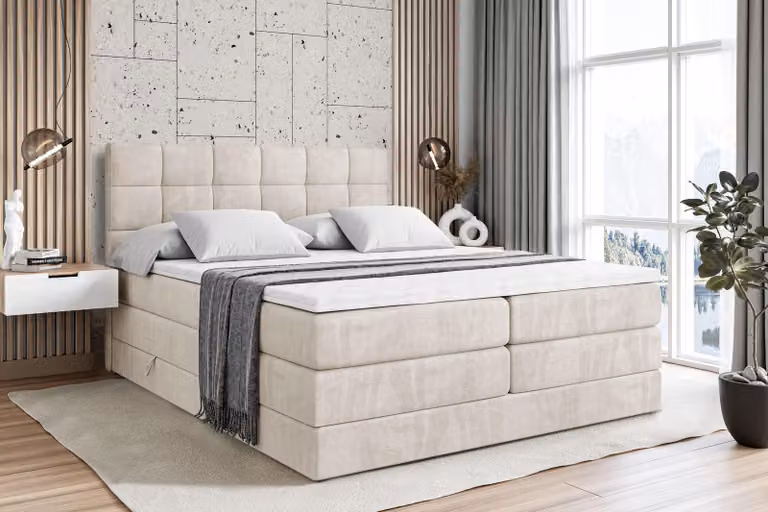 Letto boxspring ALTDECOR con materasso e rete a doghe - APO KING - 180x200 cm - Velluto beige - Topper, letto imbottito con contenitore, letto con vano portaoggetti H3 e H4 - Materasso, letto matrimoniale, letto boxspring