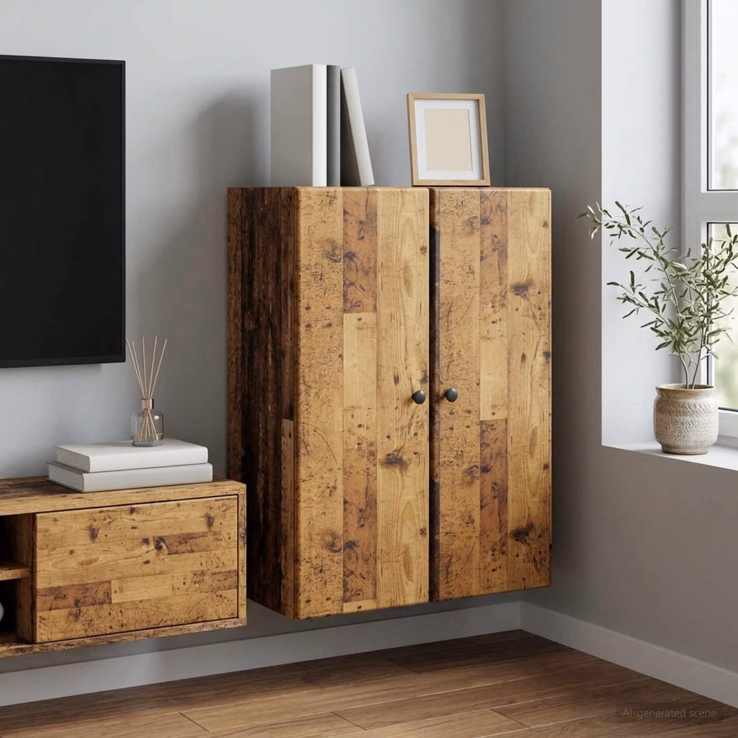 vidaXL Mobiletto a muro moderno in legno e metallo marrone, L: 66 cm, P: 34,5 cm, H: 90 cm