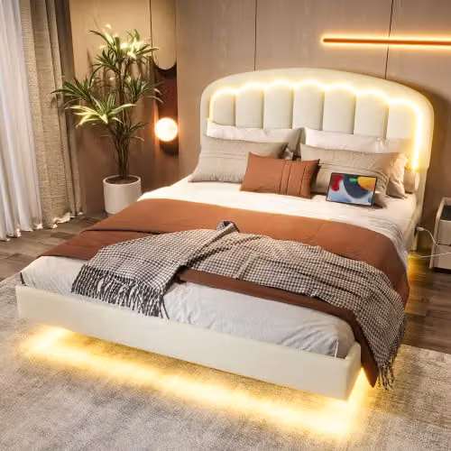 AIORBER Letto galleggiante, 140x200cm, con testata a fiori, striscia luminosa a LED con 16 colori, connessione USB e Type-C, spazio di archiviazione sotto il letto, struttura in metallo, bianco