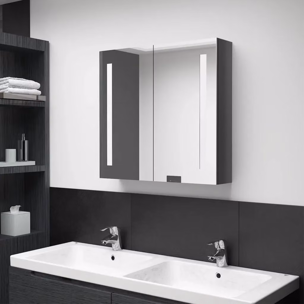 Armadietto da bagno moderno DESIGN IN con specchio e illuminazione LED in MDF e vetro, Grigio Lucido, L: 62 cm, H: 60 cm, P: 14 cm – 2