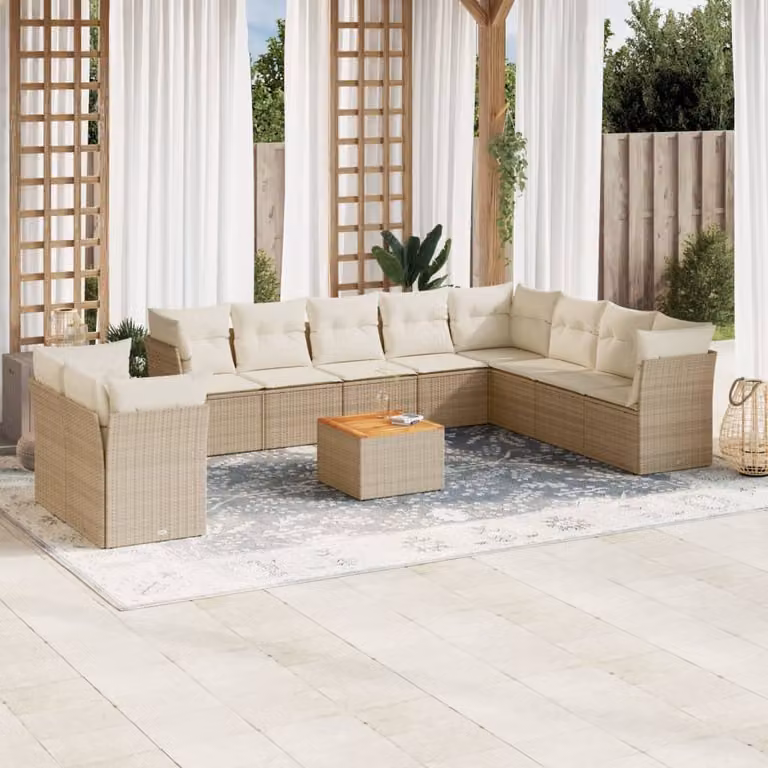 vidaXL Set Divani da Giardino 11 pz con Cuscini Beige in Polyrattan e Tavolino da Esterno