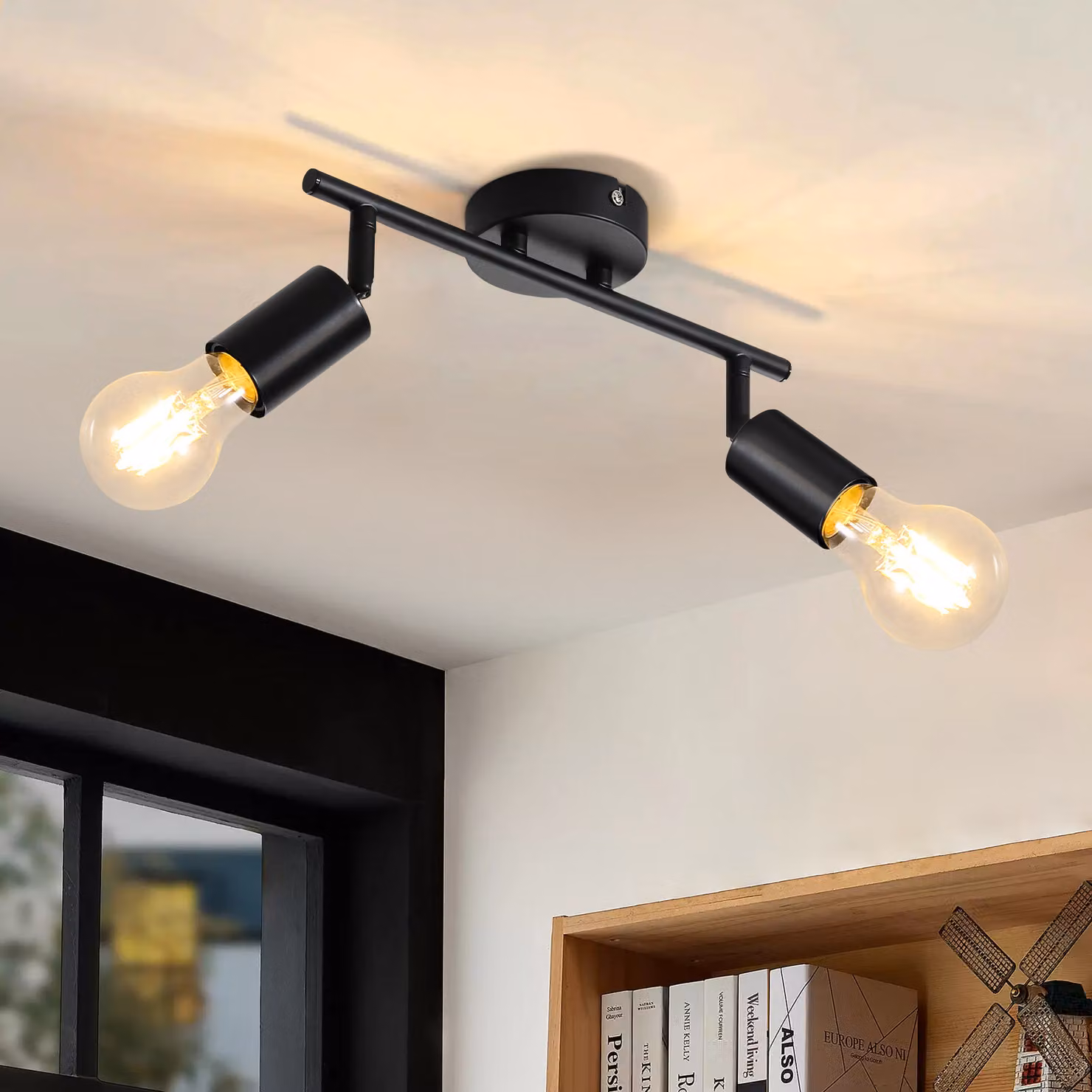 ZMH faretto da soffitto 2 fiamme nero E27 lampada da soffitto vintage orientabile 350° faretto in metallo per cucina corridoio soggiorno camera da letto