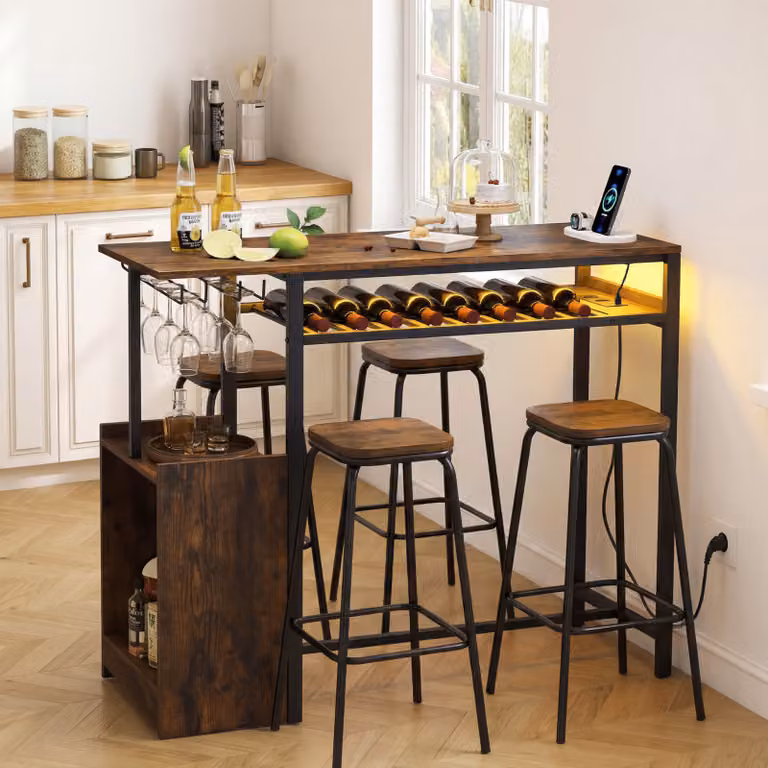 Bancone da bar Costway moderno con illuminazione LED regolabile e stazione di ricarica, colore nero