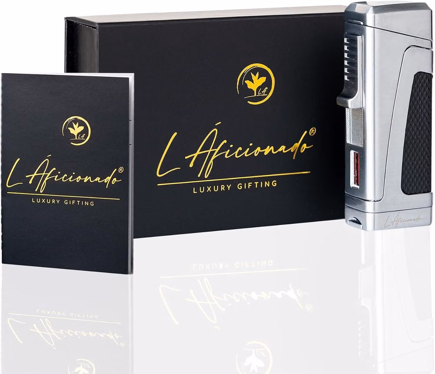 Accendino L'Áficionado Luxe Jetflame, idea regalo per uomini, accendino antivento ricaricabile, elegante confezione regalo, base personalizzabile, argento platino