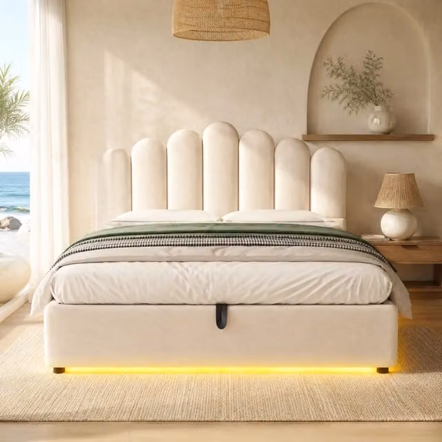 Letto contenitore Mivray in velluto beige con testiera imbottita, illuminazione LED e sistema di sollevamento idraulico, L/P: 140 x 200 cm