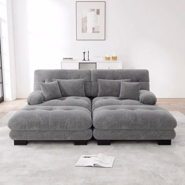 Divano modulare a forma di U in tessuto grigio con ottomane e cuscini, L: 220 cm, P: 145 cm, H: 81 cm
