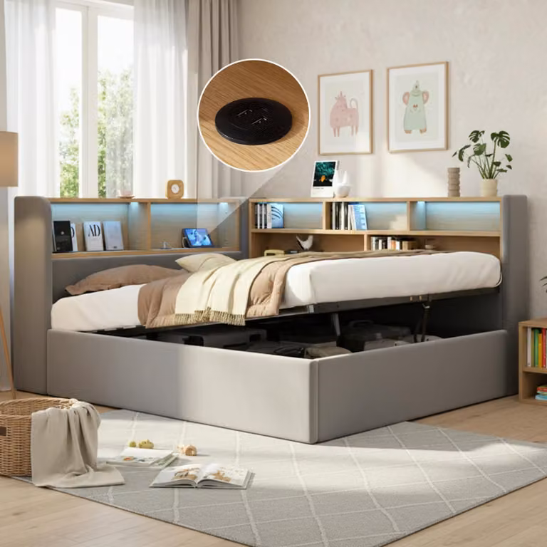 Divano letto idraulico Flieks, 140x190 cm, con spazio contenitore, dotato di porta USB e Type-c, divano letto trasformabile in letto matrimoniale, ideale per ragazzi, disponibile in ecopelle, velluto o grigio