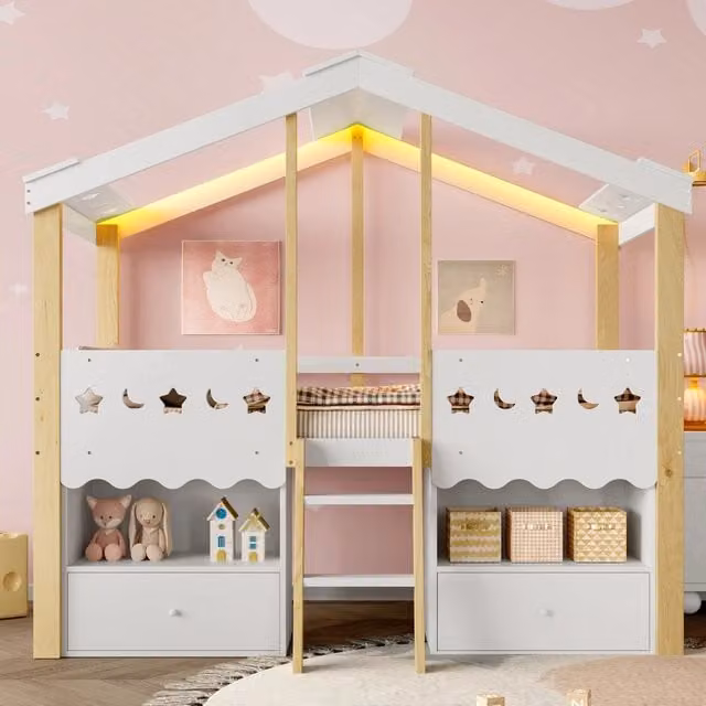 Letto casetta per bambini 90x200 cm rialzato con 2 cassetti e LED; in pino; MDF e multistrato; bianco e naturale