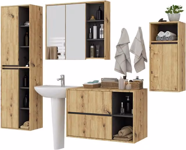 Set di mobili da bagno sospesi VAMI in Rovere Artisan con colore interno Grigio Grafite