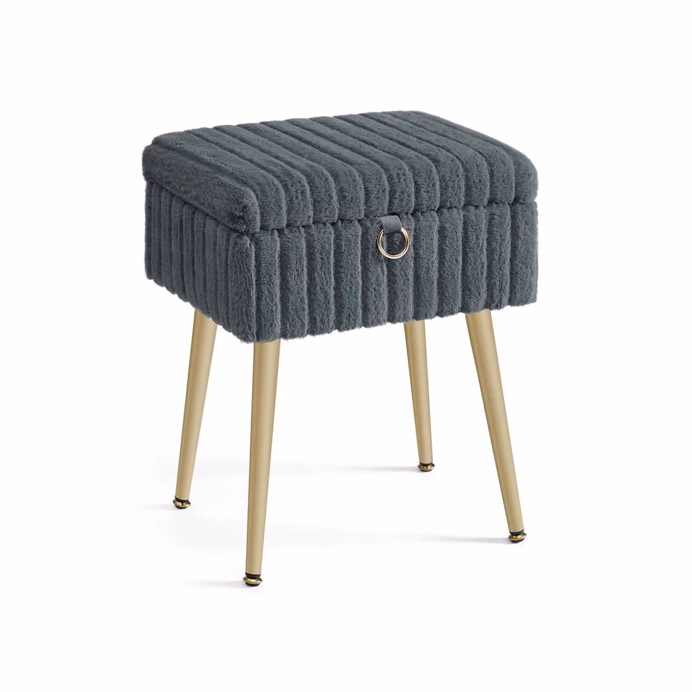 Sgabello da trucco imbottito con contenitore e gambe in metallo, Grigio Ardesia