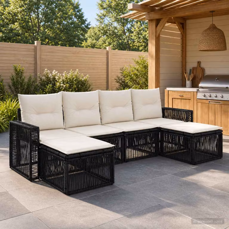 Set Divano da Giardino a L vidaXL in Polyrattan con Cuscini, Nero e Bianco Crema